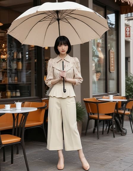 20대 아시아 여성 모델이 블랙 짧은 머리와 앞머리를 하고 엘레강트한 블라우스를 입고 빈티지 카페에서 아름답게 디자인된 우산을 들고 기쁘고 세련된 모습으로 서 있습니다. 아늑하고 따뜻한 분위기 속에서 우산의 기능과 디자인이 강조됩니다.