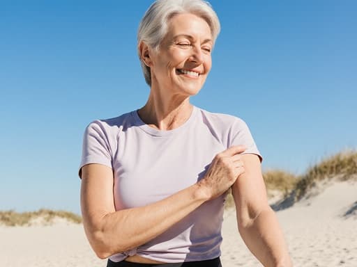 40대 초반의 여성이 해변의 아름다운 배경 속에서 운동복을 입고 티셔츠의 소매를 고쳐잡고 있는 반신 사진을 담고 있습니다. 편안한 표정과 생기 넘치는 환경이 활기차고 건강한 라이프스타일을 전달합니다.