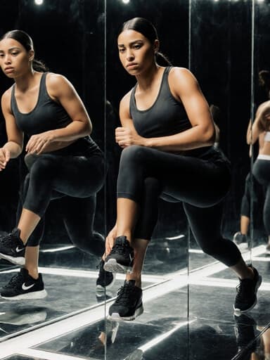 20대 초반의 혼혈 여성의 전신 샷으로, 패셔너블한 운동복과 스타일리시한 스니커즈를 착용하고 있습니다. 그녀는 신발을 신기 위해 준비 중인 긴장된 표정을 지으며, 거울로 가득 찬 방에서 신발과 발을 맞추는 동작을 하고 있어 역동적이고 매력적인 장면을 연출합니다.