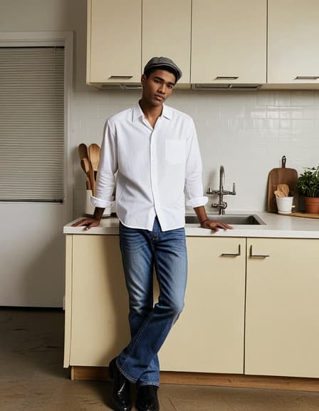 짧은 검은 머리카락을 가진 20세의 아프리카계 미국인 남성 모델이 미니멀한 주방에서 자연스럽게 포즈를 취하며 빈티지 남성 모자를 쓰고 있습니다. 현대적인 주방 배경이 모자의 독특한 디자인을 강조하며 트렌디하고 세련된 분위기를 연출합니다.