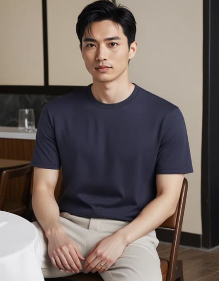 30세 아시아계 남성 모델이 짧은 검은 머리를 하고 고급 레스토랑의 우아한 소파에 앉아 있으며, 미니멀한 베이직 티셔츠를 입고 있습니다. 자연스러운 포즈와 자신감 있는 표정이 의상의 단순함과 다재다능함을 강조하며, 세련된 분위기 속에 있습니다.
