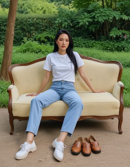 20세 아시아계 여성 모델이 긴 검은 머리와 자연스러운 메이크업을 하고 자연 공원의 빈티지 소파에 편안하게 앉아 있습니다. 그녀는 스타일리시한 빈티지 신발을 신고 있으며, 이는 그녀의 의상을 강조합니다. 모델은 편안한 포즈로 따뜻한 미소를 지으며 자신감과 매력을 발산하고, 배경의 생생한 녹음은 그녀의 따뜻한 톤을 보완하여 조화로운 분위기를 만들어냅니다.
