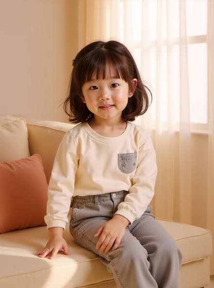 다크 브라운 머리카락을 가진 5세 한국 소녀가 현대적인 침실 소파에 앉아 스타일리시한 캐주얼 슬랙스와 장난기 가득한 상의를 입고 있습니다. 그녀는 큰 검은 눈과 부드러운 미소를 지으며 아늑하고 미니멀한 환경에서 즐거운 분위기를 만들어냅니다.