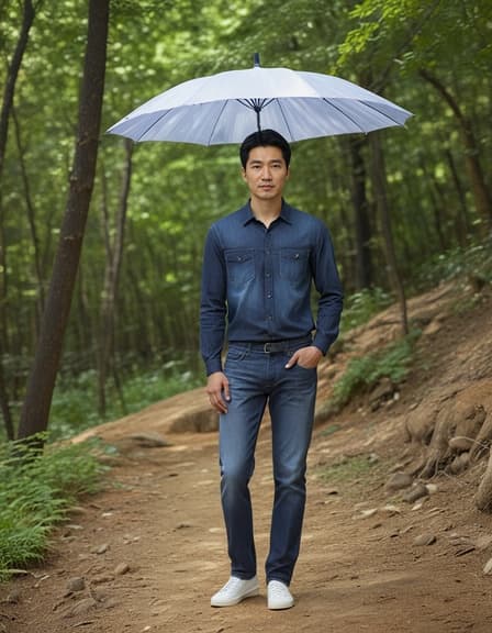 45세의 아시아 남성 모델이 짧은 검은 머리를 하고 캐주얼한 데님 팬츠를 입고 있습니다. 그는 평화로운 숲속에서 스타일리시한 우산을 들고 미소를 지으며 서 있습니다. 이 장면은 나무 테이블과 푸르른 녹지로 둘러싸인 모습이며, 자연광이 따뜻하고 초대하는 분위기를 만들어냅니다.