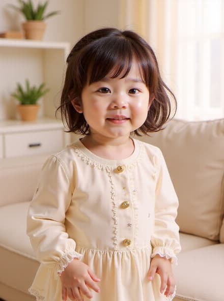 다크 브라운 머리를 스트레이트 뱅으로 스타일링한 5세 한국 소녀가 미니멀한 거실에서 빈티지 레트로 블라우스를 입고 서 있습니다. 그녀의 둥근 얼굴, 맑은 피부, 큰 다크 아이는 순수함과 기쁨을 발산하며, 부드러운 닫힌 입 미소로 보완됩니다. 아늑한 배경은 전체 따뜻한 분위기를 더욱 돋보이게 합니다.