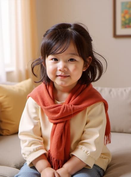 5세의 매력적인 한국 소녀가 어두운 갈색 머리, 맑은 피부, 큰 어두운 눈을 가지고 미니멀한 거실 소파에 앉아 있습니다. 그녀는 트렌디한 캐주얼 블라우스를 입고 목에 스타일리시한 목도리를 두르고 부드럽게 미소짓고 있습니다. 방의 아늑한 분위기는 생동감 있는 목도리를 강조하며, 이미지의 주요 포인트가 됩니다.