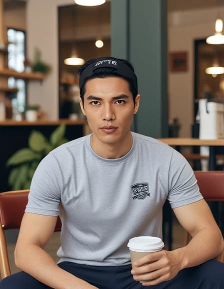 30세 아시아 남성 모델이 짧은 검은 머리를 하고 빈티지 카페에서 스포츠 티셔츠를 입고 자연스럽게 앉아 있습니다. 스타일리시한 헤드밴드를 착용하고 커피 컵을 들고 있어 편안하면서도 활동적인 분위기를 자아내고 있습니다.