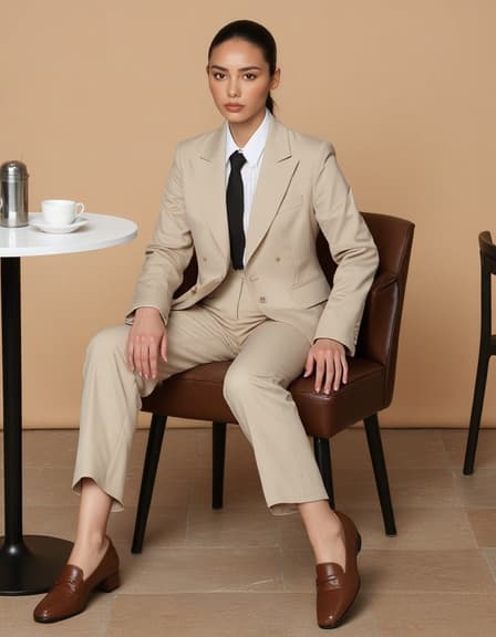 이 이미지는 혼혈의 젊은 여성 모델이 클래식 수트를 입고 현대적인 카페 테이블에 앉아 스타일리시한 여성용 옥스포드 슈즈를 조정하는 모습을 담고 있습니다. 부드러운 조명과 세련된 배경이 따뜻하고 매력적인 분위기를 만들어내어 신발의 우아함과 모델의 자신감 있는 태도를 강조합니다.