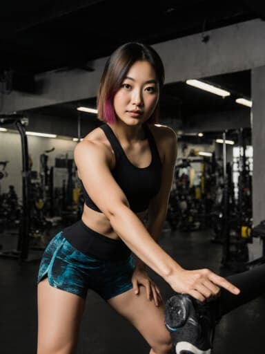 이 이미지는 20대 후반의 자신감 넘치는 동양인 여성이 스타일리시한 운동복을 입고 있는 모습을 담고 있습니다. 한 손은 허리에 두고 다른 손은 앞으로 뻗은 동적인 자세로 촬영되었으며, 밝은 스튜디오 배경과 운동 테마의 소품들이 배치되어 있어 에너지와 활기를 전달합니다.