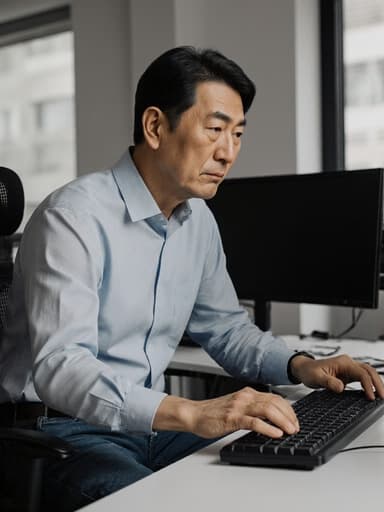 40대 초반의 동양인 남성이 현대적인 사무실에서 편안한 셔츠와 청바지를 입고 앉아 있는 반신 사진입니다. 그는 스트레스를 받은 듯한 표정으로, 고민에 빠져 있으며 손은 키보드에 올려져 있고 다리는 뻗어 있습니다. 배경에는 여러 개의 모니터가 있는 깔끔한 책상이 있어 바쁘지만 조직적인 사무실 분위기를 연출하고 있습니다.