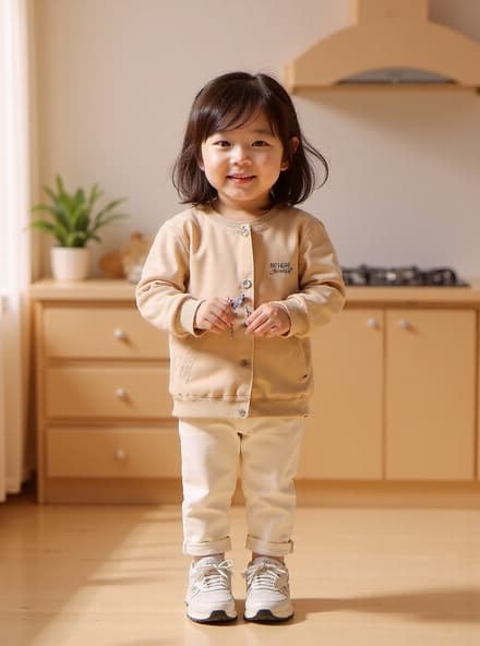 다정한 5세 한국 소녀가 어두운 갈색 머리와 둥근 얼굴을 가진 채로 현대적인 주방에서 부드러운 입술을 닫고 미소를 짓고 있습니다. 그녀는 트렌디한 스포티 운동화를 신고 있으며, 곧게 자른 앞머리가 그녀의 큰 검은 눈을 아름답게 감싸고 있습니다. 소녀는 한 손에 스타일리시한 키홀더를 들고 있으며, 그 생생한 색상과 세련된 디자인을 보여줍니다. 그녀 뒤의 주방 카운터는 잘 정돈되어 있고 현대적이며, 밝은 색상과 미니멀한 장식으로 구성되어 있어 키홀더가 주요 포인트로 강조됩니다. 따뜻한 조명이 아늑한 분위기를 만들어 장면을 초대하고 매력적으로 만듭니다.