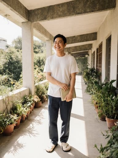 40대 중반의 동양인 남성이 햇살이 잘 드는 베란다에 서서 주변의 푸르른 식물들 사이에서 밝게 웃고 있습니다. 그는 편안한 티셔츠와 슬리퍼를 착용하고 한 손에 책을 들고 있습니다. 이 장면은 아름다운 야외 환경에서의 편안함과 즐거움을 전달합니다.