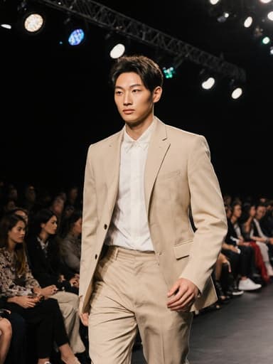 20대 후반의 패셔너블한 동양인 남성이 런웨이를 당당하게 걸으며 트렌디한 재킷과 슬랙스를 선보이고 있으며, 화려한 조명과 관심을 보이는 관객들이 생동감 넘치는 패션쇼 분위기를 만들어내고 있습니다.