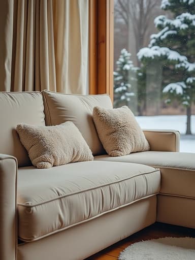 눈 내리는 겨울 풍경 속 아늑한 소파, 고요한 분위기