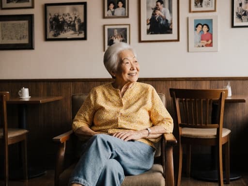 70대 아시아계 여성의 반신 사진으로, 아늑한 카페에서 다리를 꼬고 앉아 있습니다. 그녀는 밝은 색상의 블라우스와 캐주얼 청바지를 입고 있으며, 미소로 따뜻하고 친근한 분위기를 자아냅니다. 그녀의 손은 무릎 위에 편안히 올려져 있으며, 대화를 나누고 있습니다. 배경에는 나무 테이블과 의자가 있으며, 벽에는 가족 사진들이 걸려 있어 아늑하고 친밀한 환경을 만들어줍니다.