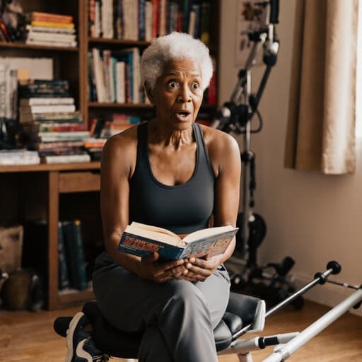 놀란 표정을 짓고 있는 60대 아프리카계 여성 모델이 세련된 스포츠웨어와 편안한 운동화를 입고 반신 샷으로 촬영되었습니다. 그녀는 다리를 뻗고 앉아 스포츠 관련 책을 손에 들고 있으며, 아늑한 공부방에서 책과 운동 용품이 어지럽게 놓여 있는 모습이 활기찬 라이프스타일을 강조하는 따뜻한 분위기를 자아냅니다.