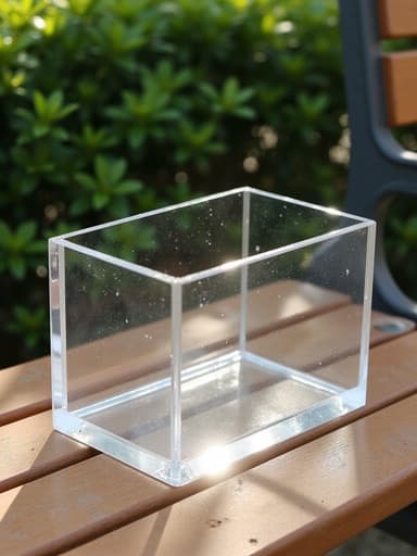 나무 공원 벤치 위에 있는 투명 아크릴 정리함, 부드러운 햇빛이 표면을 비추고, 반사와 약간의 긁힘이 있는 자연스러운 디테일, 배경에 무성한 녹색 잎사귀, 평온한 분위기.