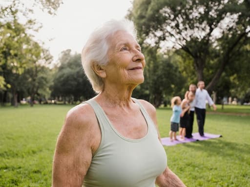 70대의 평온한 라틴계 여성이 편안한 요가복을 입고 푸르른 공원에서 요가 자세를 취하며 마음의 평화를 느끼고 있습니다. 그녀의 차분한 표정은 가족과 함께 즐거운 시간을 보내는 모습 속에서 기쁨과 조화의 분위기를 만들어냅니다.