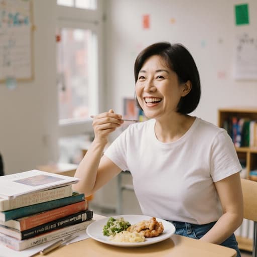 40대 한국인 여성이 편안한 티셔츠와 청바지를 입고 행복한 표정으로 음식을 먹으며 책상에 놓인 교재와 함께 있는 모습의 반신 사진.