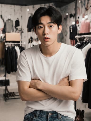 20대 아시아계 남성이 캐주얼한 티셔츠와 청바지를 입고 팔짱을 낀 채 약간 앞으로 기울어져 있으며, 다양한 의류와 액세서리로 꾸며진 패션 쇼핑 스튜디오에서 당황한 표정을 짓고 있습니다.