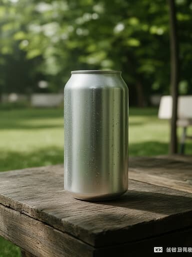 도시 공원의 나무 벤치 위에 놓인 음료 캔과 흐릿한 녹색 나무와 풀, 매력적인 분위기.