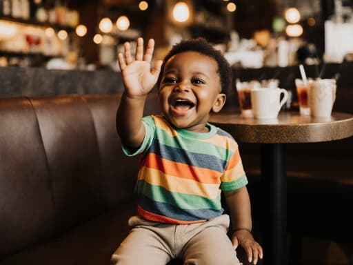 1세 흑인 남성 아기의 반신 사진으로, 자연스럽고 귀여운 외모를 가지고 있으며 색색의 캐주얼한 티셔츠와 편안한 바지를 착용하고 있습니다. 아늑한 카페에서 손을 흔들며 노래를 부르고 있으며, 입가에 환한 미소를 띠고 있습니다. 따뜻한 조명이 비추는 배경에는 다양한 음료가 놓인 카페 내부가 보이며, 초대하는 분위기를 만들어냅니다.