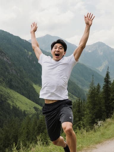 건강한 외모를 가진 20대 동양인 남성이 반팔 티셔츠와 트레이닝 바지를 착용하고 있는 전신 샷입니다. 그는 놀란 표정을 지으며, 눈이 크게 뜨여 있고 입이 벌어져 있습니다. 그는 푸른 산과 나무들이 있는 자연적인 배경 속에서 기쁘게 점프하고 있으며, 두 팔을 위로 높이 올리고 있어, 모험과 자유를 느끼게 합니다.