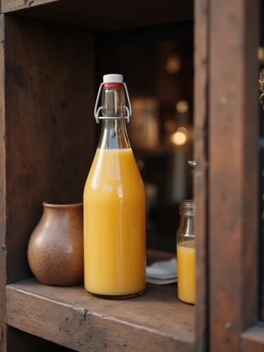 빈티지 앤티크 숍의 weathered 나무 선반 위에 놓인 유리 주스 병, 부드러운 빛과 섬세한 반사로 따뜻하고 초대하는 분위기.