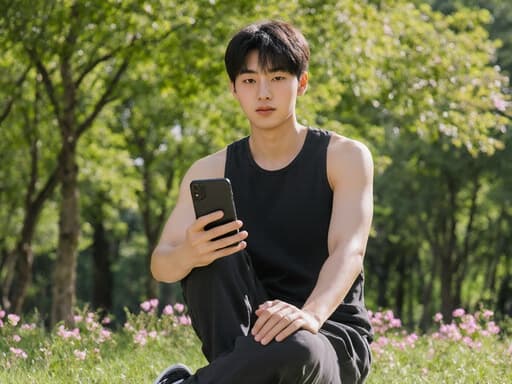 10대 초반 동양인 남성이 편안한 요가복과 운동화를 입고 반신 촬영된 모습입니다. 한 손으로 전화를 들고, 다른 손은 무릎 위에 올려놓고 차분한 표정을 짓고 있습니다. 배경은 푸른 잔디가 깔린 공원과 나무, 꽃들이 어우러져 자연 친화적인 환경을 만들어내어 이미지의 평화로운 분위기를 강조합니다.