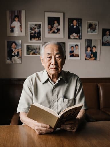 70대 한국인 남성이 카페 테이블에 앉아 편안한 셔츠와 바지를 입고 요리책을 들고 있습니다. 그는 피곤하지만 생각에 잠긴 표정으로 가족 요리에 대한 추억에 빠져 있으며, 가족 사진으로 장식된 아늑한 분위기 속에 있습니다.