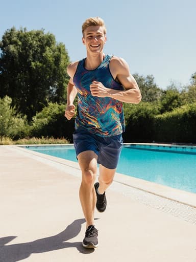20대 백인 남성이 맑은 날 수영장 가장자리를 따라 자연스러운 미소를 지으며 달리고 있는 모습을 풀 바디 샷으로 촬영하였으며, 트렌디한 운동복과 운동화를 착용하고 있습니다. 배경은 생생한 분위기를 연출합니다.