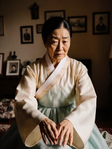 이 이미지는 70세의 백인 여성이 전통 한복을 입고, 따뜻하게 조명된 아늑한 거실에서 우아하게 춤추는 모습을 보여줍니다. 가족의 기억과 전통적인 장식으로 가득한 공간에서 감정과 향수를 느끼게 합니다.