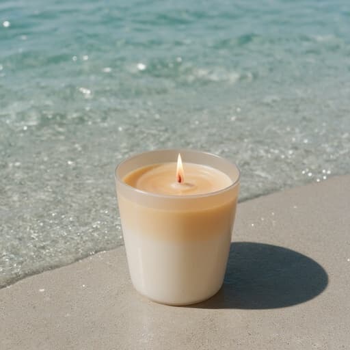 양초, 화려한 파란 바다, 반짝이는 햇빛, 모래 해변, 여름 느낌