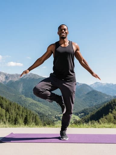 자연스러운 외모를 가진 30대 흑인 남성이 편안한 운동복을 입고 요가 매트 위에서 균형 잡힌 요가 자세를 취하며 열정적인 표정을 지은 전신 사진입니다. 배경은 푸르른 산과 맑은 하늘로, 장면의 고요하고 집중된 분위기를 더해줍니다.