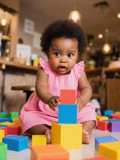한 살 된 아프리카계 여자 아기가 귀여운 핑크색 원피스를 입고, 색색의 블록을 쌓으려다 점프할 준비를 하며 무서워하는 표정을 짓고 있는 모습이 아늑한 카페에서 촬영된 풀 바디 샷입니다.