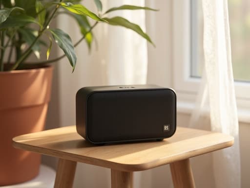 중앙에 있는 사실적인 블루투스 스피커, 부드러운 무광 마감, 미세한 텍스처 디테일, 창문을 통한 아침 햇살, 따뜻한 분위기.