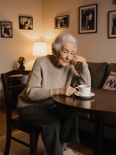 편안한 니트 스웨터와 바지를 입고 슬리퍼를 신은 80대 혼혈 여성의 반신 사진. 따뜻한 조명이 비추는 아늑한 거실에서 가족의 순간을 회상하며 카페 테이블에 손을 올린 채 차를 바라보며 미소 짓고 있습니다. 배경에는 아늑한 소파와 가족 사진이 걸려 있어 따뜻하고 향수 어린 분위기를 만들어냅니다.