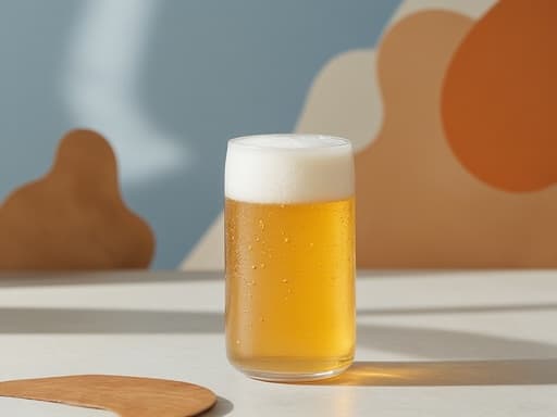 현대 미술 배경 위에 있는 사실적인 맥주 캔, 생생한 색상, 약간의 응결, 부드러운 금속 질감, 부드러운 그림자, 배경의 예술적 형태와 패턴, 자연광, 얕은 피사계 심도