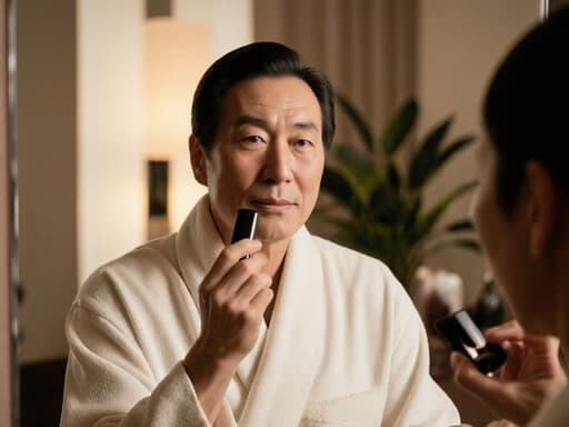 50대 동양인 남성이 고급스러운 스파 로브를 입고 거울 앞에서 화장품을 들고 화장하는 모습의 반신 샷입니다. 아늑한 스파 내부는 부드러운 조명과 푸른 식물로 가득 차 있어 편안하고 고급스러운 분위기를 자아냅니다.