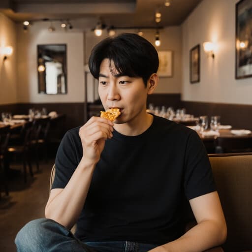아늑한 식당의 소파에 앉아 간식을 손에 들고 있는 30대 아시아계 남성의 반신 사진. 그는 지루한 표정을 지으며 간식을 즐기고 있습니다. 식당의 따뜻한 분위기가 장면의 편안한 느낌을 더해줍니다.