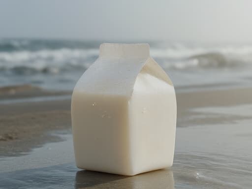 우유 팩, 파도가 몰아치는 해변, 생동감 넘치고 활기찬