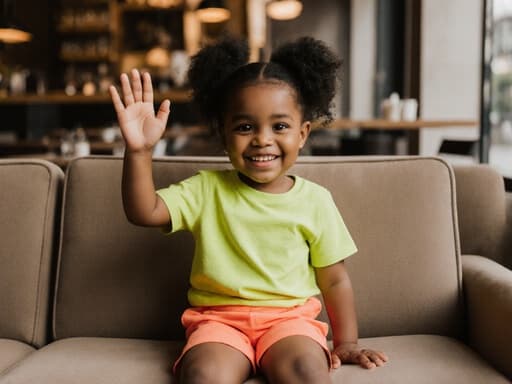 활기찬 3세 흑인 소녀가 현대적인 카페 소파에 앉아 화사한 색상의 티셔츠와 반바지를 입고 손을 흔들며 인사하는 모습, 아늑하고 따뜻한 카페 분위기 속에서 기쁨을 전하고 있습니다.
