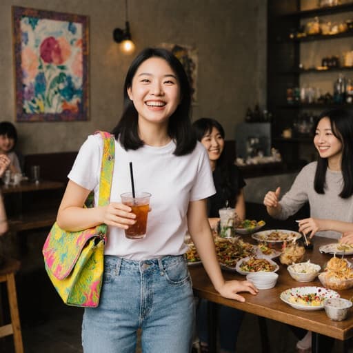 아늑한 카페에서 친구들과 함께 즐거운 시간을 만끽하며 음료를 마시는 캐주얼한 복장의 한국인 10대 소녀, 다양한 파티 음식과 매력적인 그림이 어우러진 순간을 포착합니다.