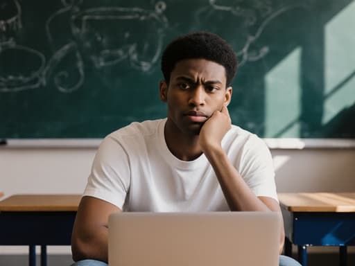 밝게 조명이 비추는 교실에 앉아 있는 혼혈의 10대 남성이 캐주얼한 티셔츠와 청바지를 입고 있습니다. 그는 당황한 표정으로 손으로 턱을 괴고 노트북을 바라보고 있으며, 배경에는 칠판과 책상이 있어 생각에 잠긴 매력적인 분위기를 만들어냅니다.