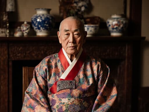 80대 백인 남성이 전통적인 한복을 입고, 편안하게 앉아 있으며 지혜로운 표정을 짓고 있는 반신 사진. 아늑한 거실 배경에는 전통적인 소품들이 놓여 있습니다.
