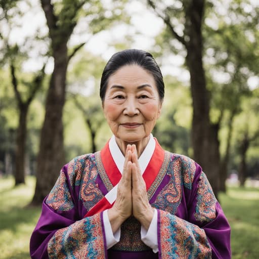 70대 한국인 여성이 화려한 전통 한복을 입고 두 손을 모아 인사하는 모습의 차분한 반신 사진, 푸른 잔디와 나무들로 둘러싸인 평화로운 공원에서 촬영됨.