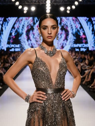 20대 라틴계 여성이 화려한 패션쇼 의상을 입고 자신감 있게 포즈를 취하며 손을 허리 위에 두고 있습니다. 화려한 조명과 관객들로 가득한 패션쇼 무대에서 화려함과 불안함이 조화를 이루고 있습니다.