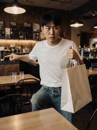 10대 후반의 동양인 남성이 자연스러운 외모로 반신을 촬영한 모습입니다. 그는 캐주얼 티셔츠와 청바지를 입고, 한 손에 쇼핑백을 들고 있으며, 다른 손으로 테이블을 가리키며 화난 표정을 짓고 있습니다. 배경은 아늑한 카페 환경으로, 전체적인 불만의 분위기를 더해주고 있습니다.