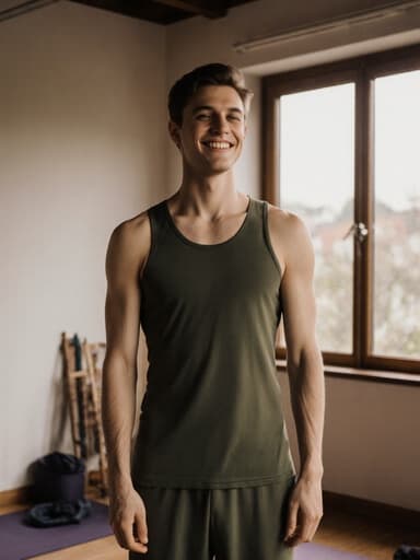 편안한 요가복을 입은 20대 유럽계 남성이 요가 자세를 취하며 몸의 긴장을 풀고 있는 모습이 반신 사진으로 포착되었습니다. 긍정적인 표정은 마음의 평화로움을 잘 드러내며, 아늑한 요가 스튜디오의 자연광이 비치는 배경과 함께합니다.