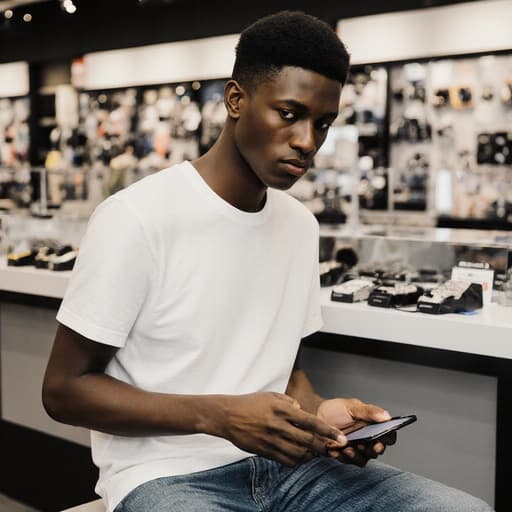 이 이미지는 캐주얼한 복장을 한 10대 후반의 아프리카계 남성이 전자매장에서 전자기기를 조작하는 모습입니다. 무관심한 표정과 편안한 자세는 현대 청소년 문화를 잘 담아내고 있습니다.
